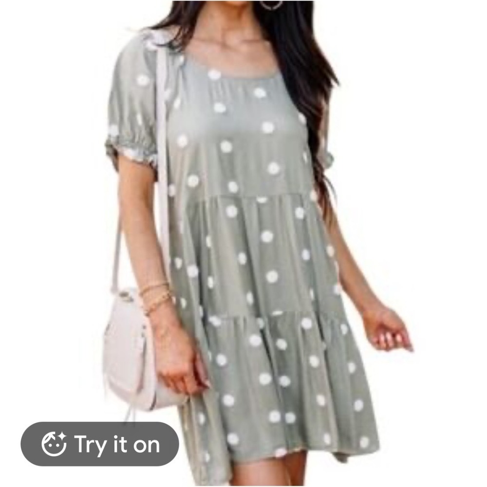 Blu Pepper Olive Green Tufted Polka Dot Tiered Babydoll Mini Dress Small CR1151